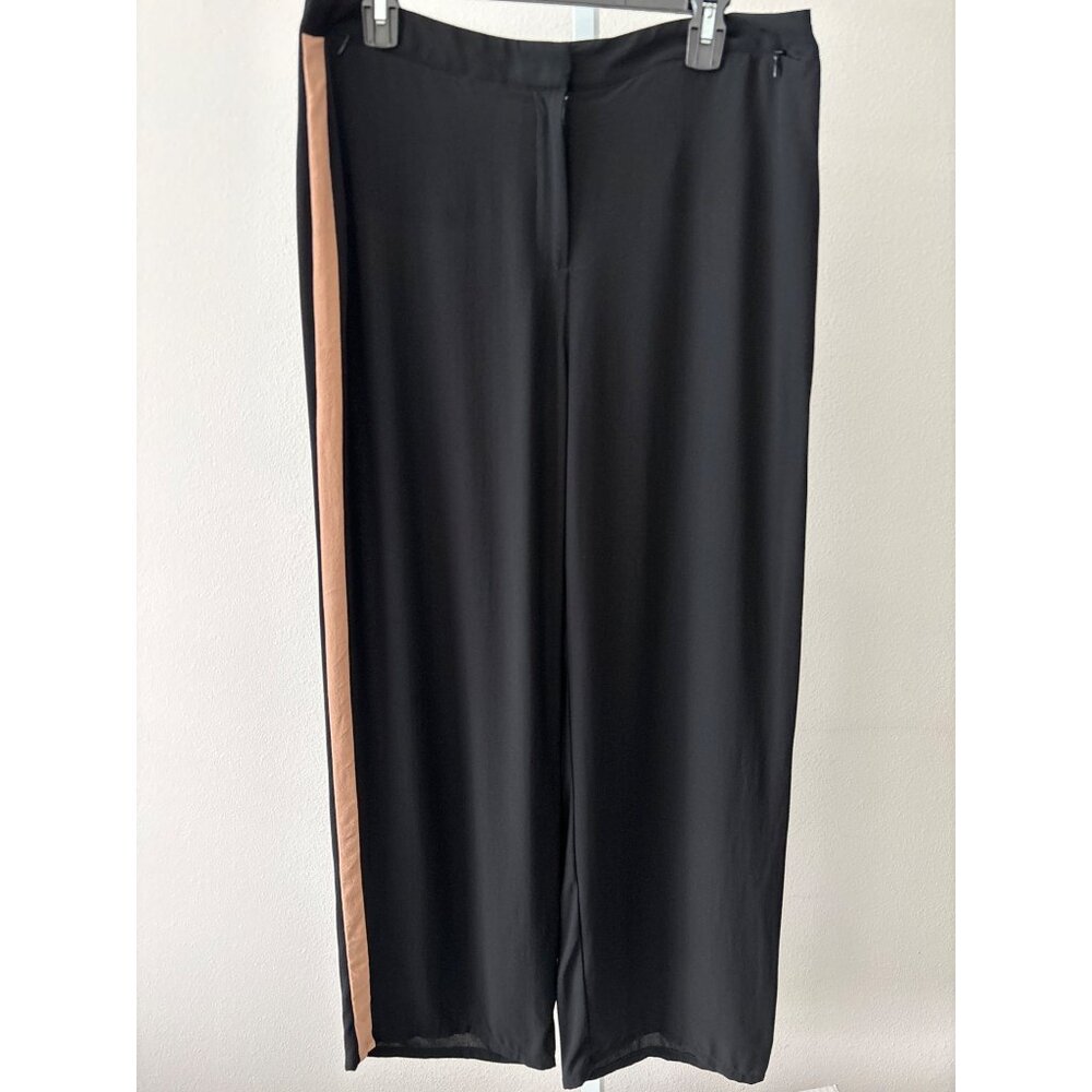 Eileen Fisher Pants 12P Silk Relaxed Straight-Leg Black Tan Stripe Quiet Luxury - Picture 2 of 12